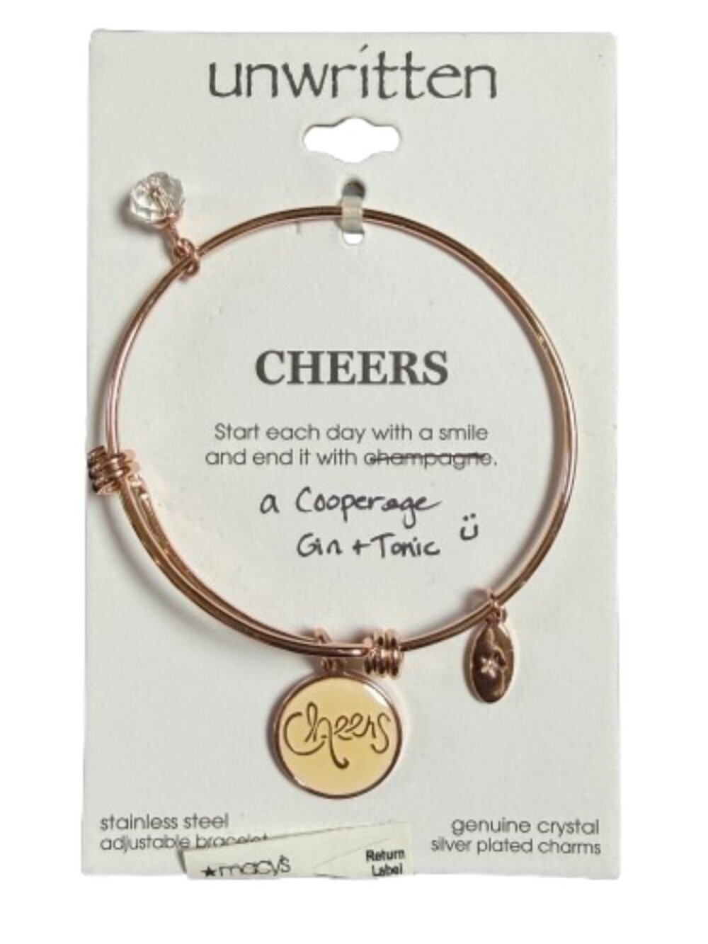 Unwritten Rose Gold Stainless Steel Bracelet Bangle Cheers Crystal Charm New